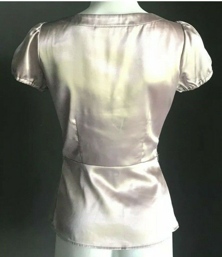 BASQUE Top Blush Pink Shiny Satin Cross Over Short Sleeve Blouse Side Zip Sz 6 8