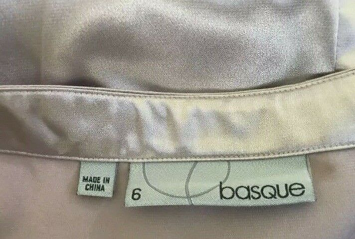 BASQUE Top Blush Pink Shiny Satin Cross Over Short Sleeve Blouse Side Zip Sz 6 8