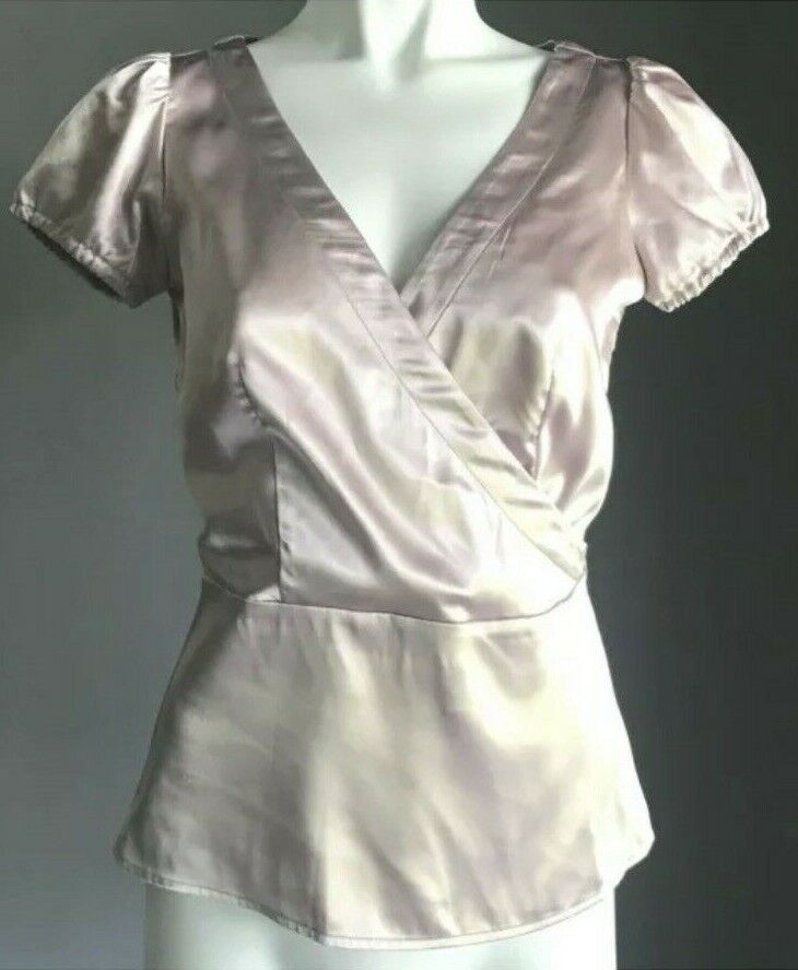 BASQUE Top Blush Pink Shiny Satin Cross Over Short Sleeve Blouse Side Zip Sz 6 8