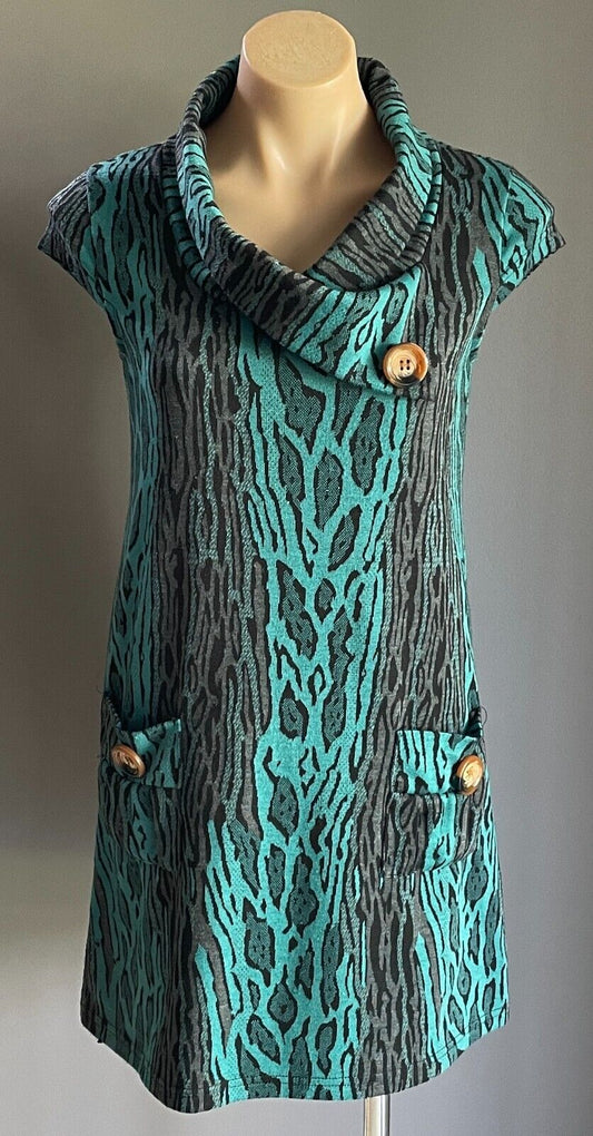 FILO Dress Aqua Black Grey A-Line Size 8 10 Shawl Collar Cap Sleeve Short Length