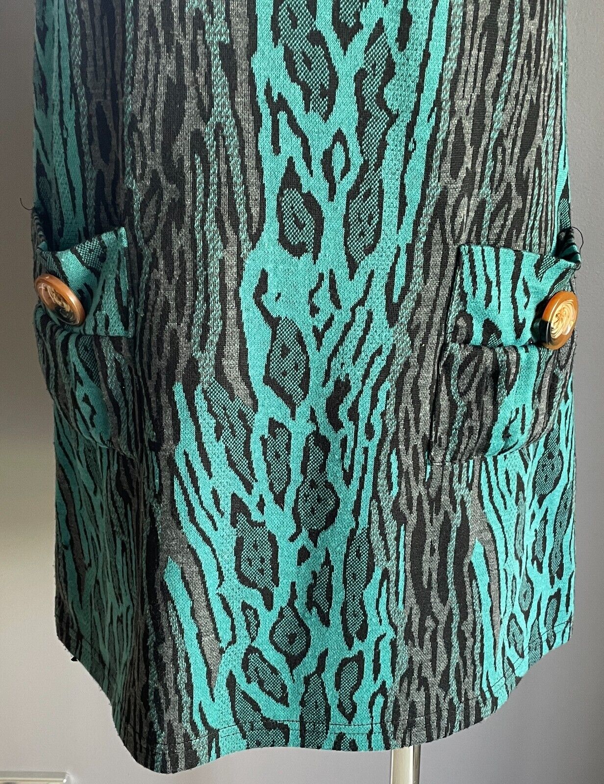 FILO Dress Aqua Black Grey A-Line Size 8 10 Shawl Collar Cap Sleeve Short Length