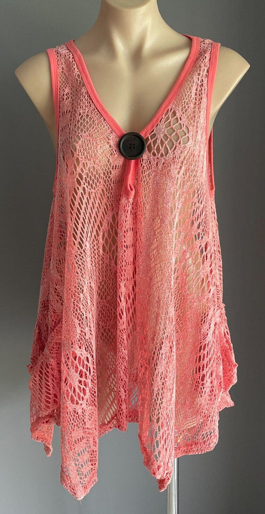 FILO Coral Pink Sleeveless Crochet Asymmetric Hem Tunic Top Size 12 Relaxed Fit