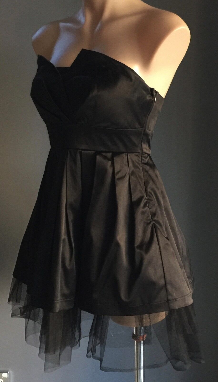 TATTOO Strapless Dress Mini Gothic Punk Black Satin Tulle Hem Size 10 Ab Fab