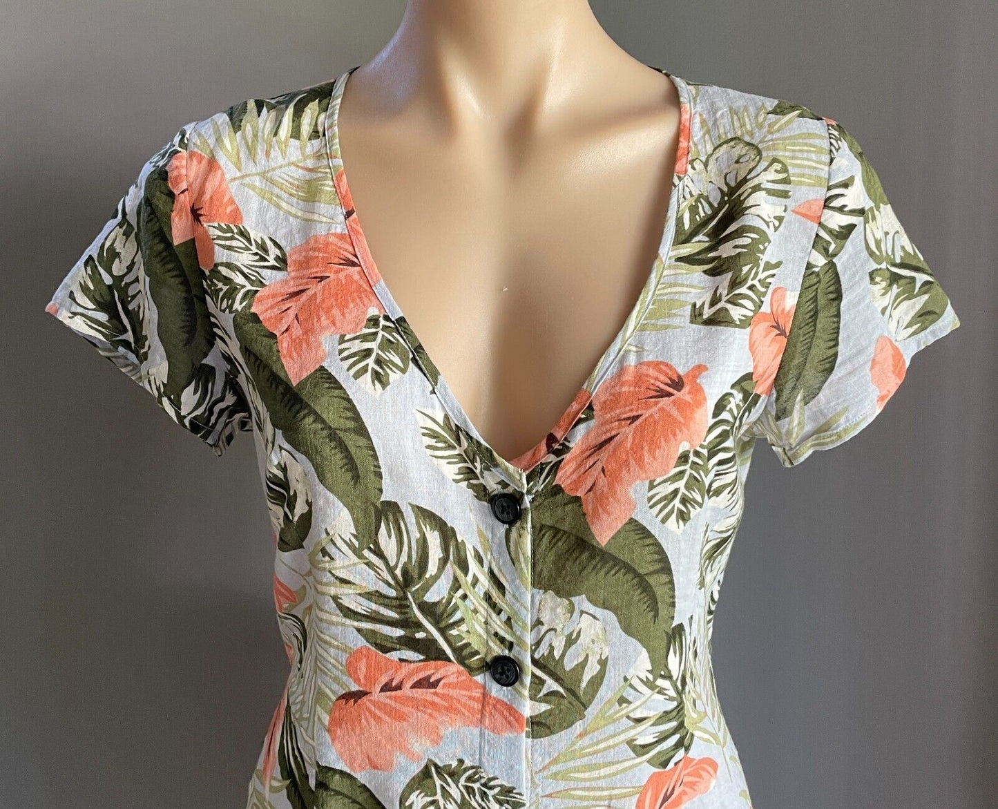 TOBY HEART GINGER Dress Tropical Short Sleeve Button Up Tie Back Size S 10 NEW