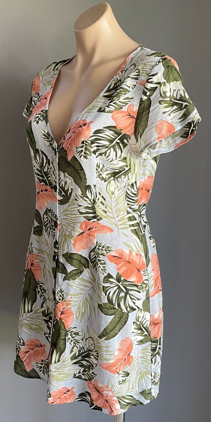 TOBY HEART GINGER Dress Tropical Short Sleeve Button Up Tie Back Size S 10 NEW