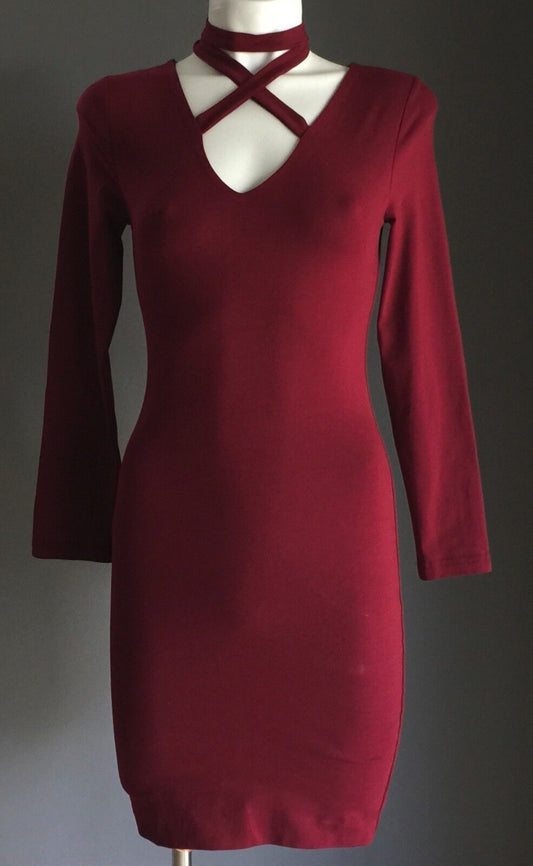 LUVALOT Capture Bodycon Dress Burgundy Cuff Neck Stretch Ladies Size 8 NEW