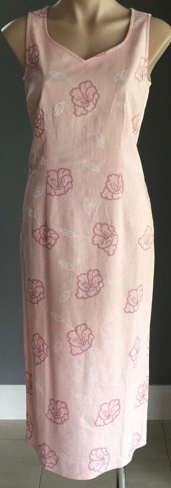 CAPTURE EUROPEAN Midi Dress Pink Floral Linen Embellished Tie Back Size 10 NEW
