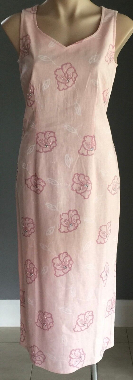 CAPTURE EUROPEAN Midi Dress Pink Floral Linen Embellished Tie Back Size 10 NEW