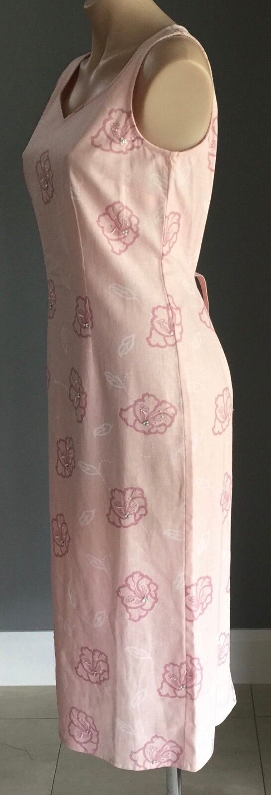 CAPTURE EUROPEAN Midi Dress Pink Floral Linen Embellished Tie Back Size 10 NEW