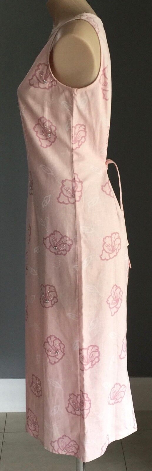 CAPTURE EUROPEAN Midi Dress Pink Floral Linen Embellished Tie Back Size 10 NEW