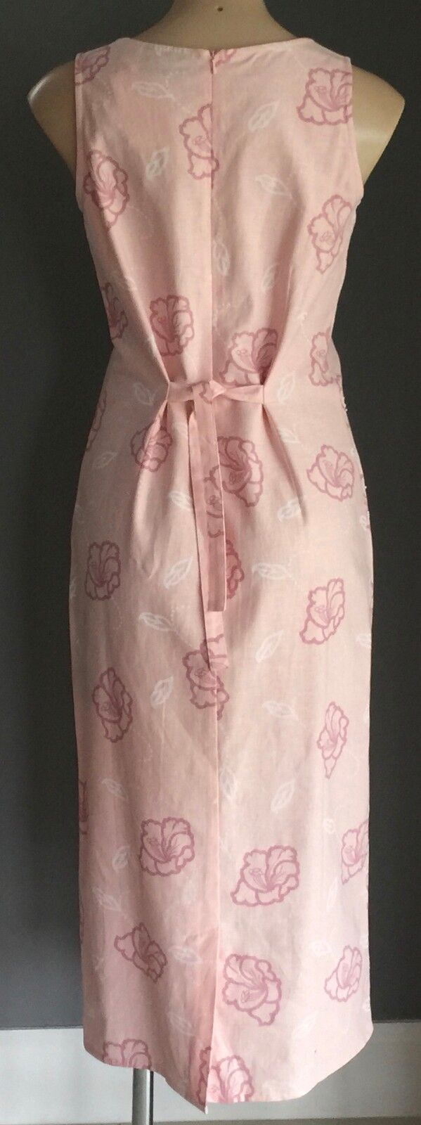 CAPTURE EUROPEAN Midi Dress Pink Floral Linen Embellished Tie Back Size 10 NEW