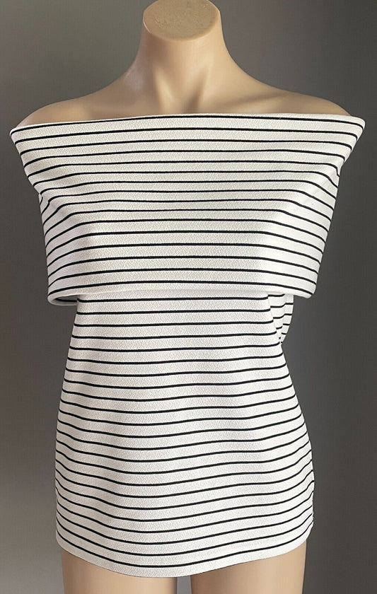 DECJUBA Stretch Top White Black Stripe Off The Shoulder Ladies Size M 10 12 NEW