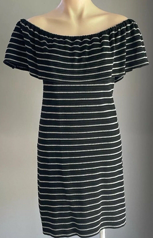 DECJUBA Ruffle Dress Black & White Textured Stripe Off the Shoulder Size S 10