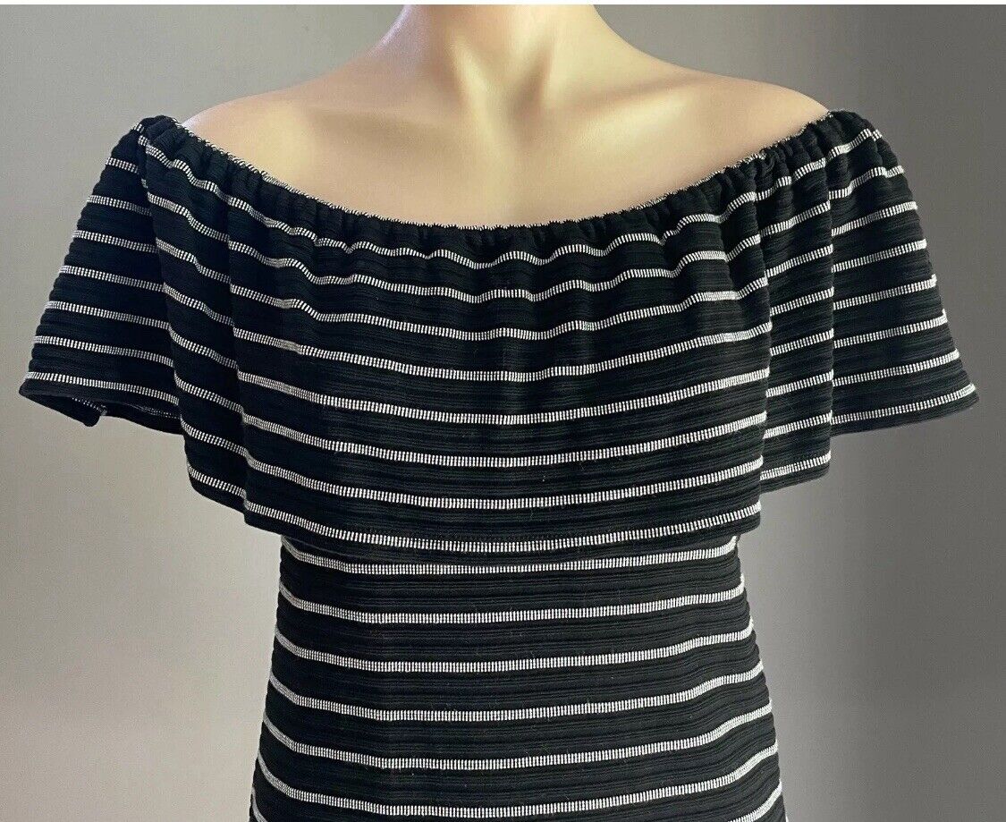 DECJUBA Ruffle Dress Black & White Textured Stripe Off the Shoulder Size S 10