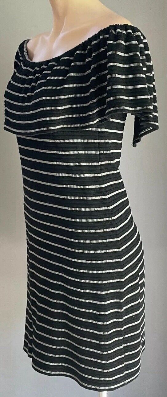 DECJUBA Ruffle Dress Black & White Textured Stripe Off the Shoulder Size S 10