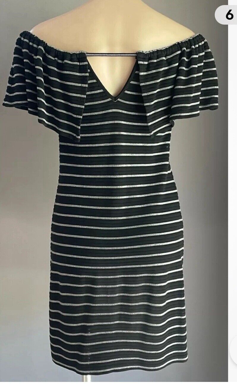 DECJUBA Ruffle Dress Black & White Textured Stripe Off the Shoulder Size S 10