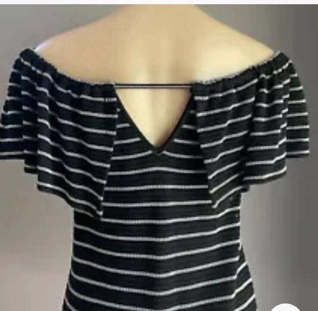 DECJUBA Ruffle Dress Black & White Textured Stripe Off the Shoulder Size S 10