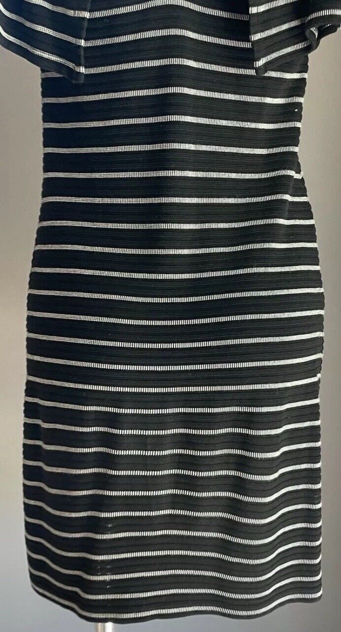 DECJUBA Ruffle Dress Black & White Textured Stripe Off the Shoulder Size S 10