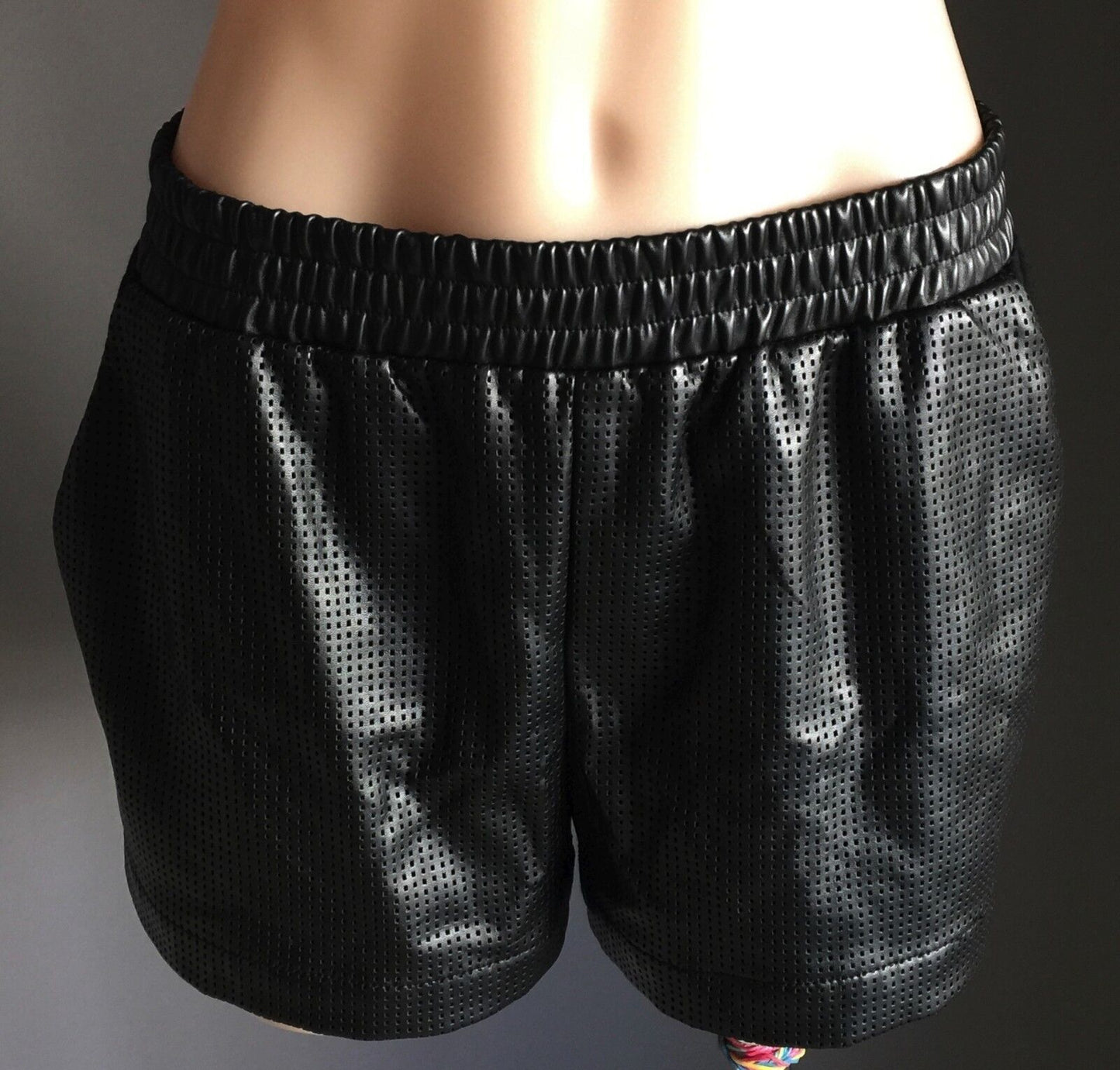 DECJUBA Shorts Black Pleather Perforated Runner Casual  Shorts Ladies Size S 10