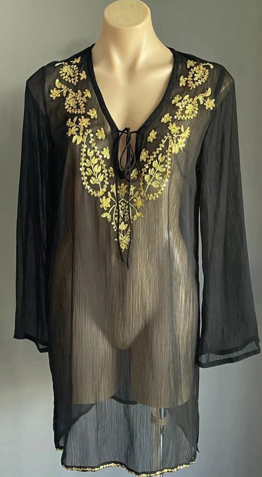 JENDI Tunic Top Black Semi Sheer Long Sleeve Gold Stitching Sequins Sz M 12 NEW