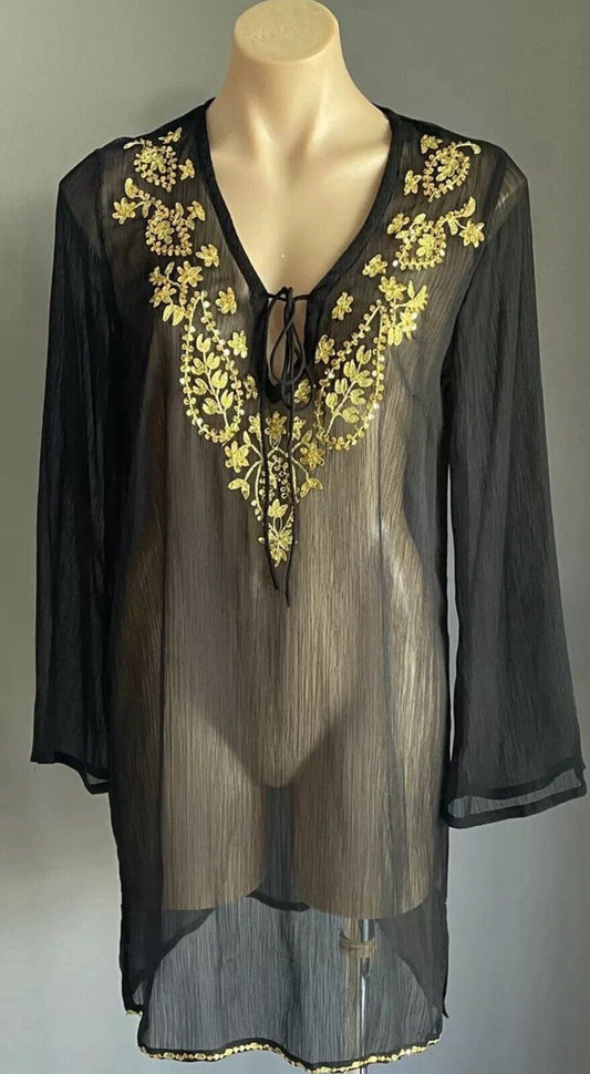 JENDI Tunic Top Black Semi Sheer Long Sleeve Gold Stitching Sequins Sz M 12 NEW