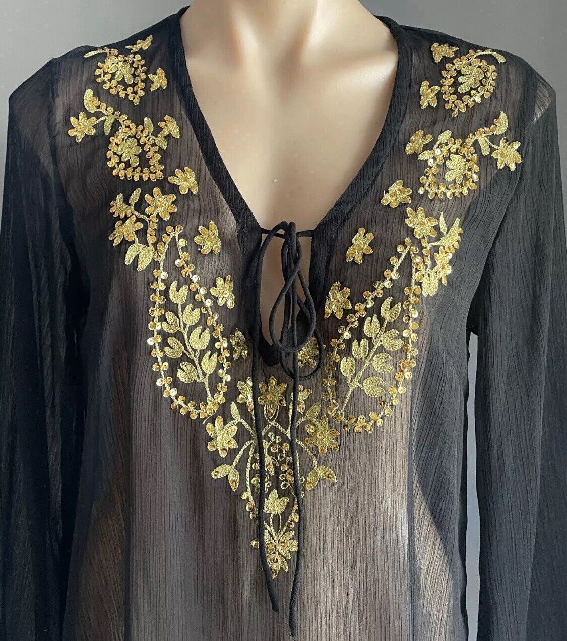 JENDI Tunic Top Black Semi Sheer Long Sleeve Gold Stitching Sequins Sz M 12 NEW