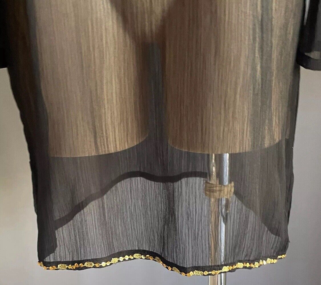 JENDI Tunic Top Black Semi Sheer Long Sleeve Gold Stitching Sequins Sz M 12 NEW
