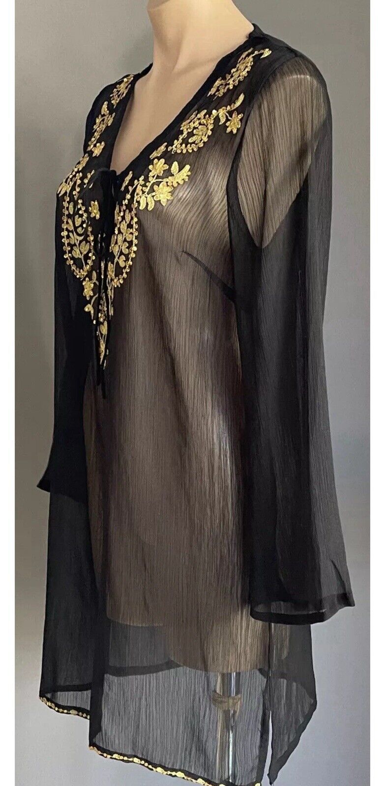 JENDI Tunic Top Black Semi Sheer Long Sleeve Gold Stitching Sequins Sz M 12 NEW