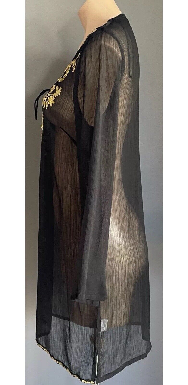 JENDI Tunic Top Black Semi Sheer Long Sleeve Gold Stitching Sequins Sz M 12 NEW
