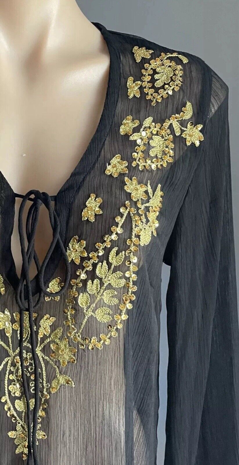 JENDI Tunic Top Black Semi Sheer Long Sleeve Gold Stitching Sequins Sz M 12 NEW