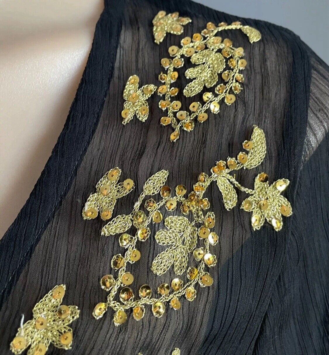 JENDI Tunic Top Black Semi Sheer Long Sleeve Gold Stitching Sequins Sz M 12 NEW