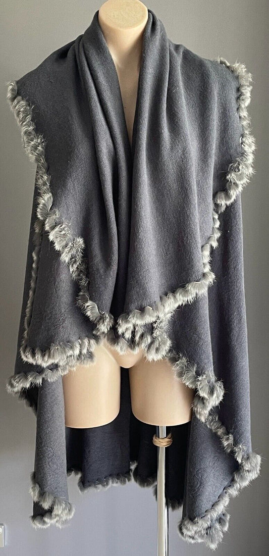 Fur Trim Poncho Grey Drape Knit Cardigan Sleeveless Oversized Collar Size 14 16