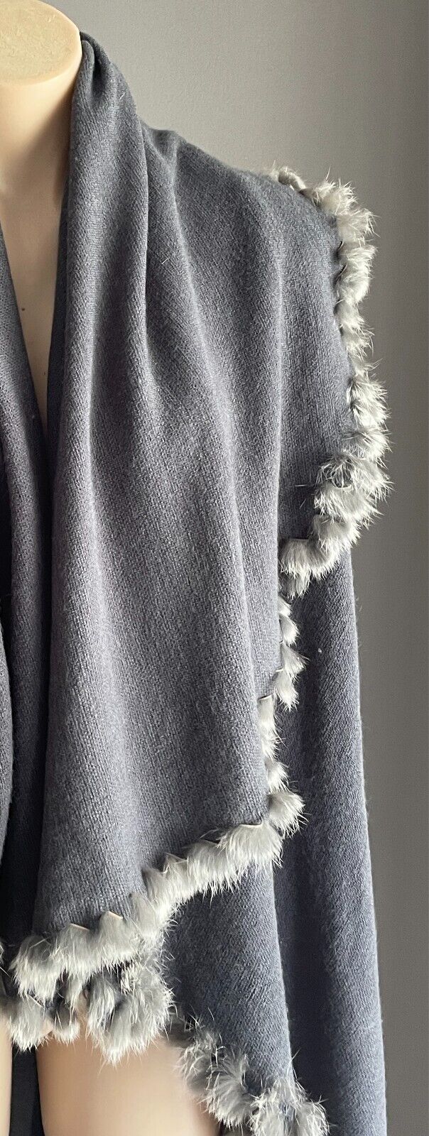 Fur Trim Poncho Grey Drape Knit Cardigan Sleeveless Oversized Collar Size 14 16