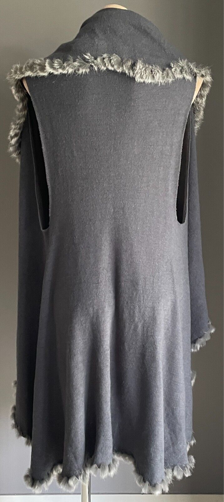 Fur Trim Poncho Grey Drape Knit Cardigan Sleeveless Oversized Collar Size 14 16