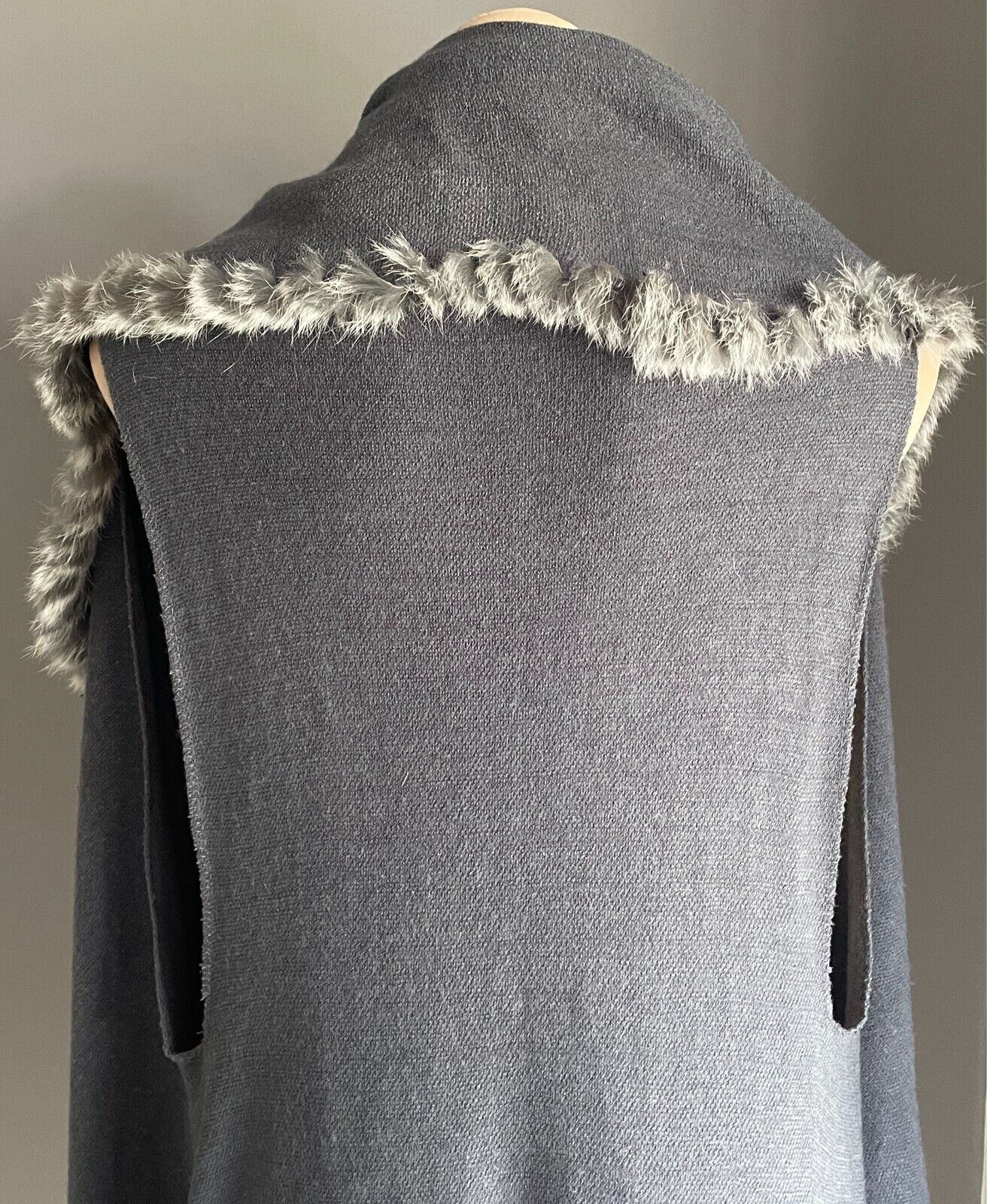 Fur Trim Poncho Grey Drape Knit Cardigan Sleeveless Oversized Collar Size 14 16