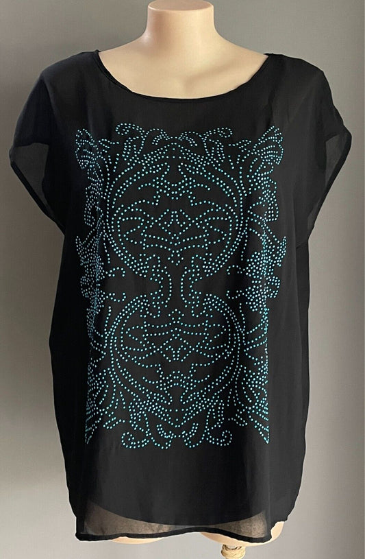 LILLY & LOU Black Short Sleeve Overlay Top Blue Studs + Cami Plus Size 18 NEW