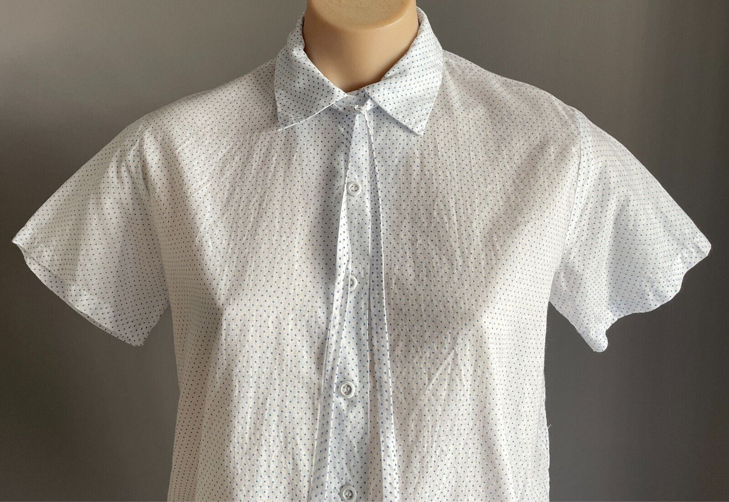 CHERRY LANE White Blue Polka Dot Button Top Neck Tie Blouse Size M Cotton 1980's