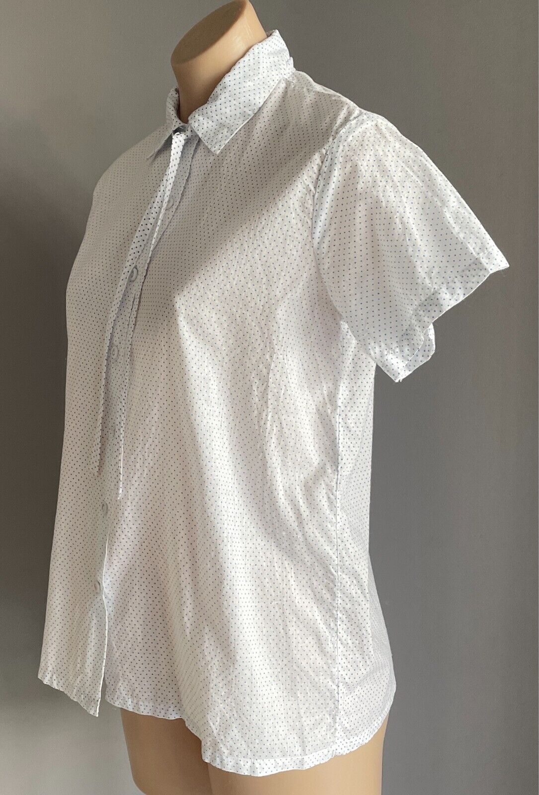CHERRY LANE White Blue Polka Dot Button Top Neck Tie Blouse Size M Cotton 1980's