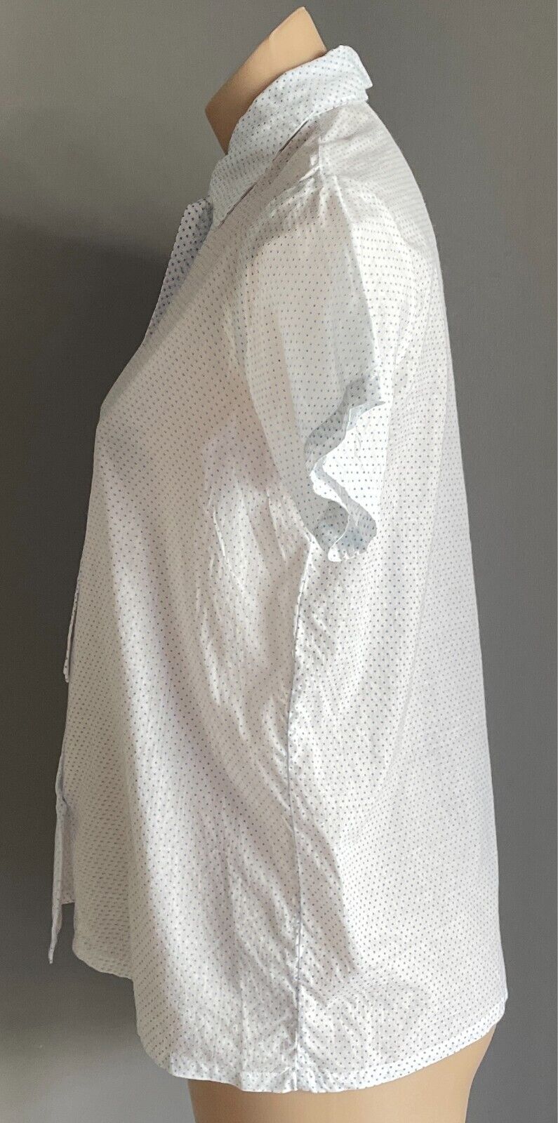 CHERRY LANE White Blue Polka Dot Button Top Neck Tie Blouse Size M Cotton 1980's