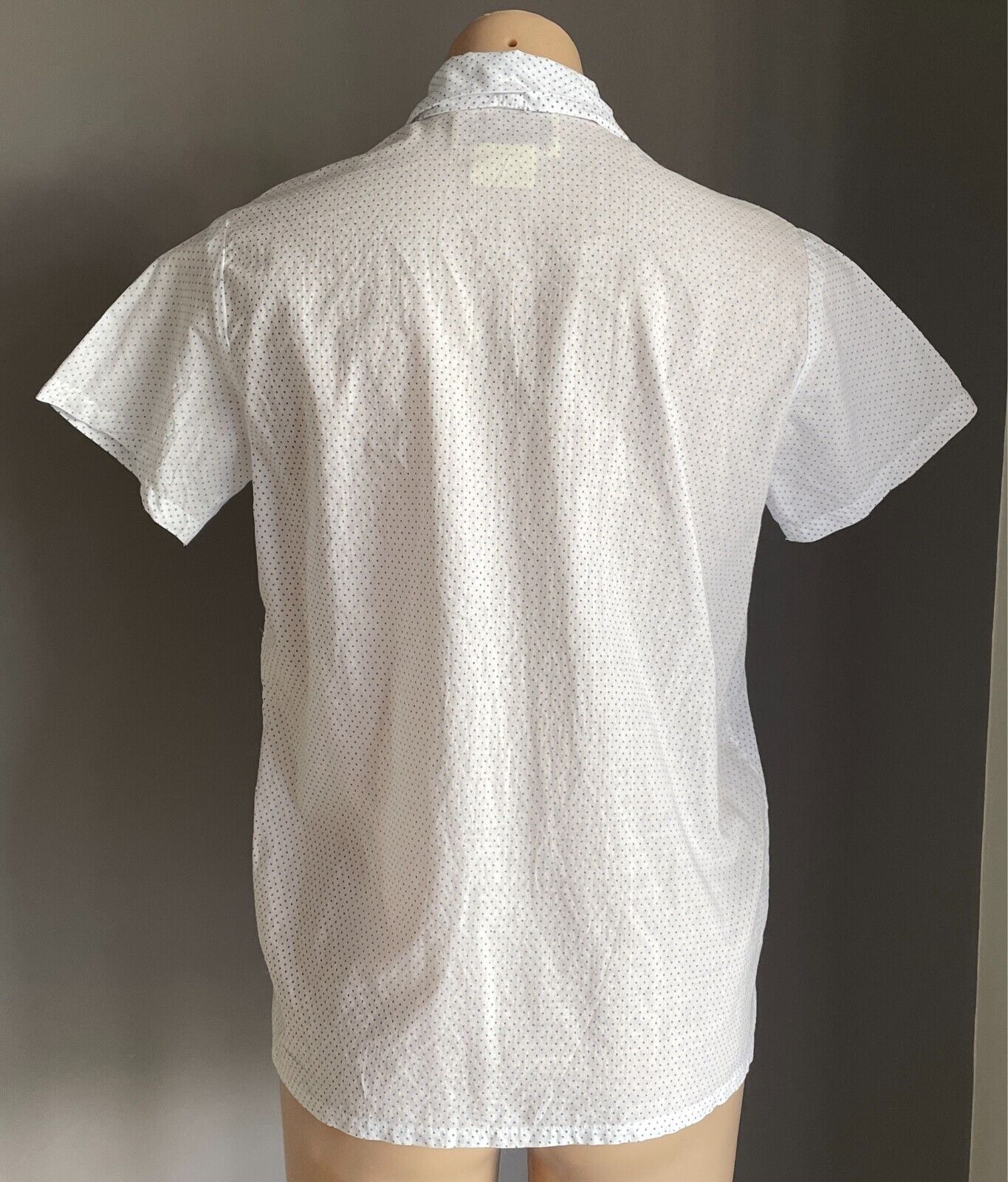 CHERRY LANE White Blue Polka Dot Button Top Neck Tie Blouse Size M Cotton 1980's