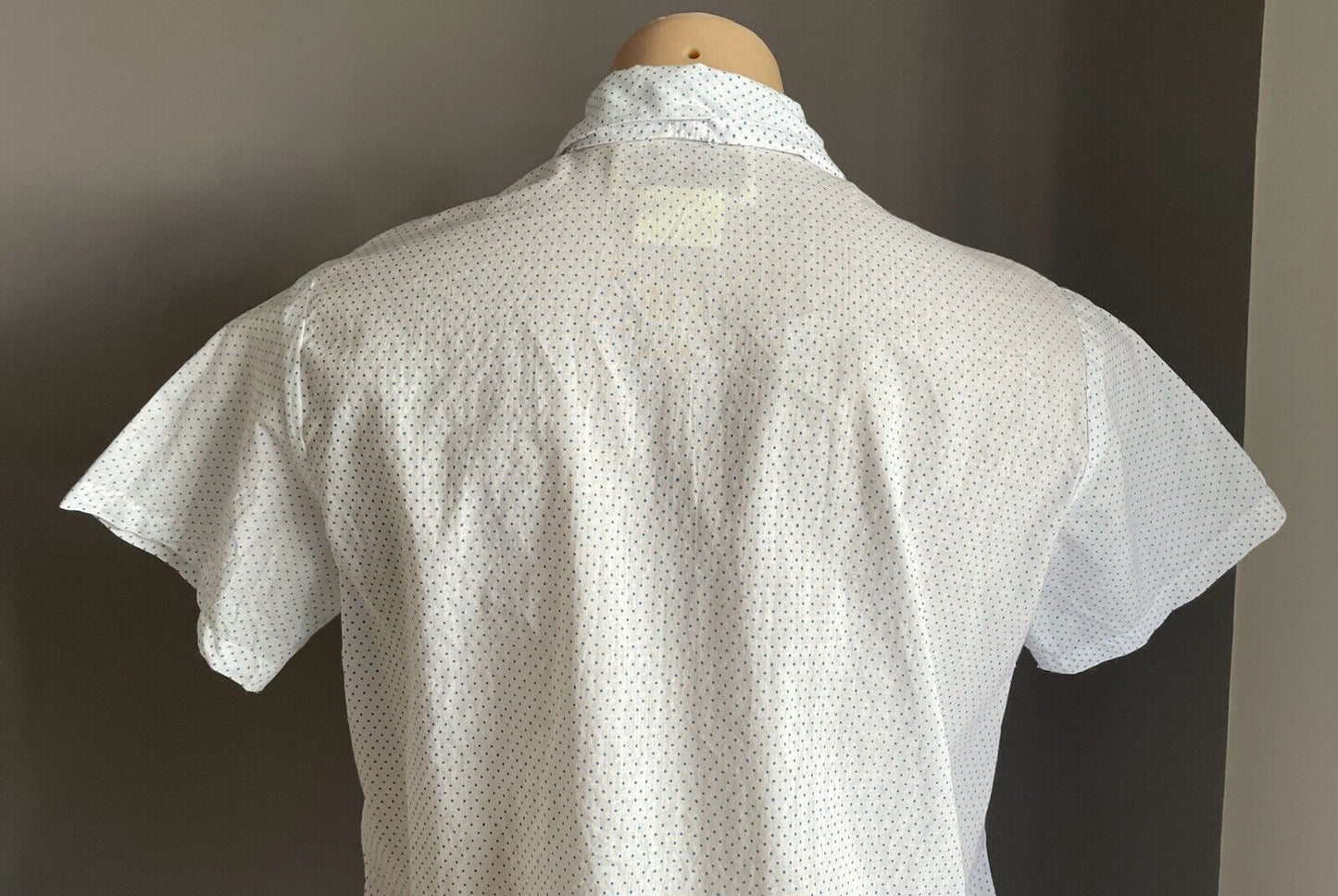 CHERRY LANE White Blue Polka Dot Button Top Neck Tie Blouse Size M Cotton 1980's