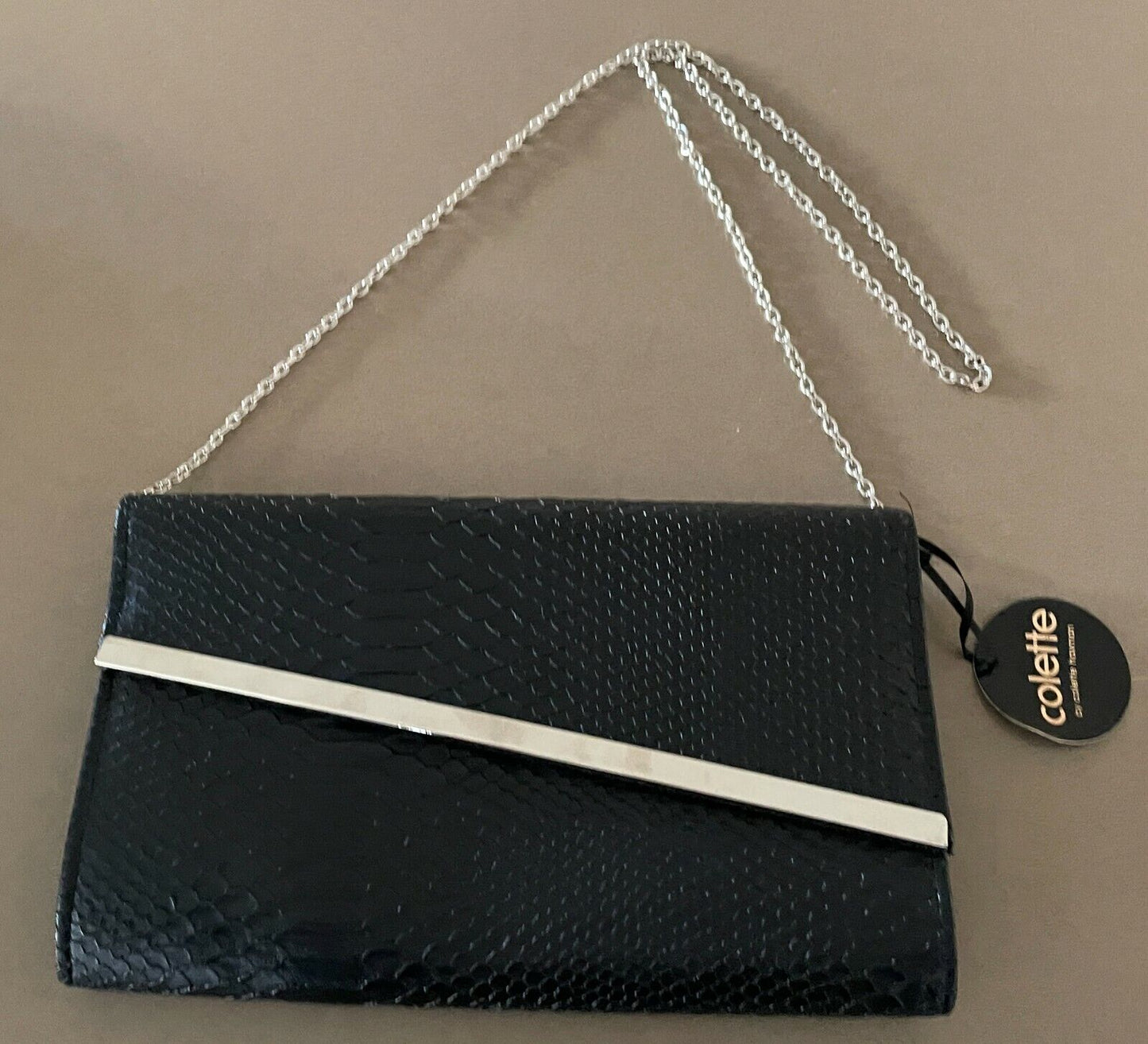 COLETTE HandBag Black Python Snakeskin Feel Leatherette Clutch Chain Strap NEW