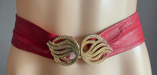 LEATHER Belt CARLO Red w Large Engraved Gold Tone Interlocking Buckle Size 8-10