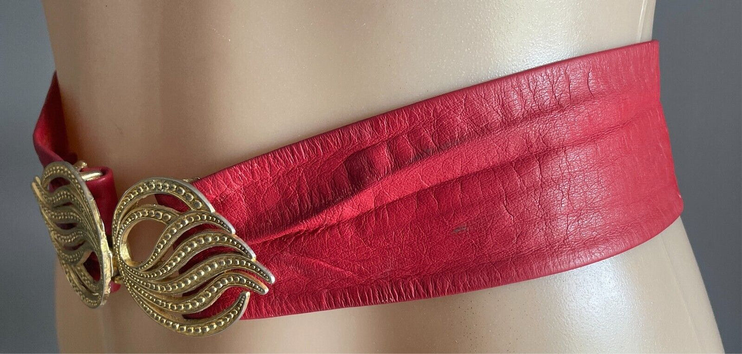 LEATHER Belt CARLO Red w Large Engraved Gold Tone Interlocking Buckle Size 8-10