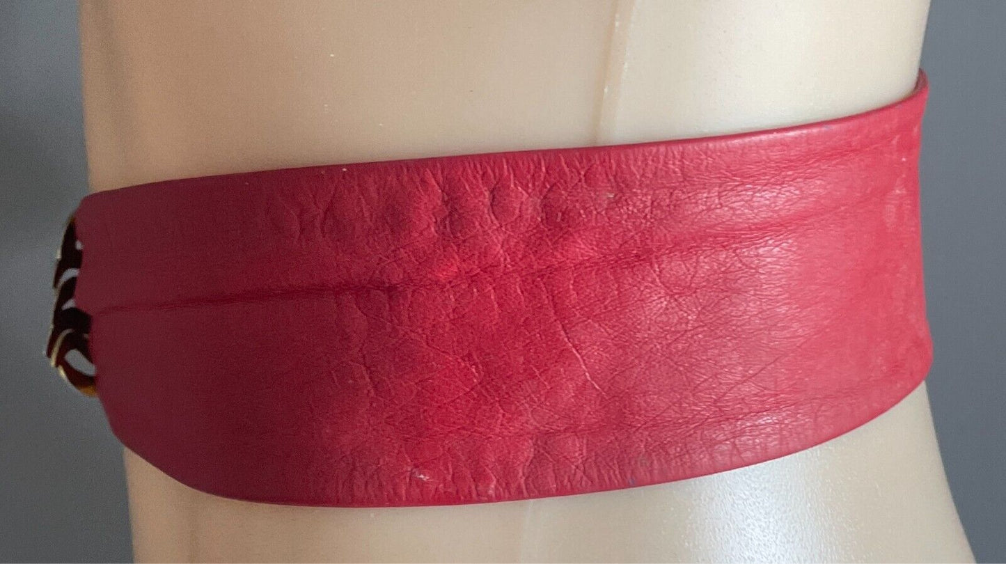 LEATHER Belt CARLO Red w Large Engraved Gold Tone Interlocking Buckle Size 8-10