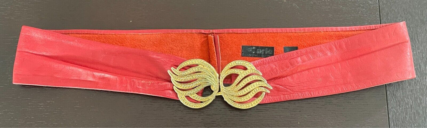 LEATHER Belt CARLO Red w Large Engraved Gold Tone Interlocking Buckle Size 8-10