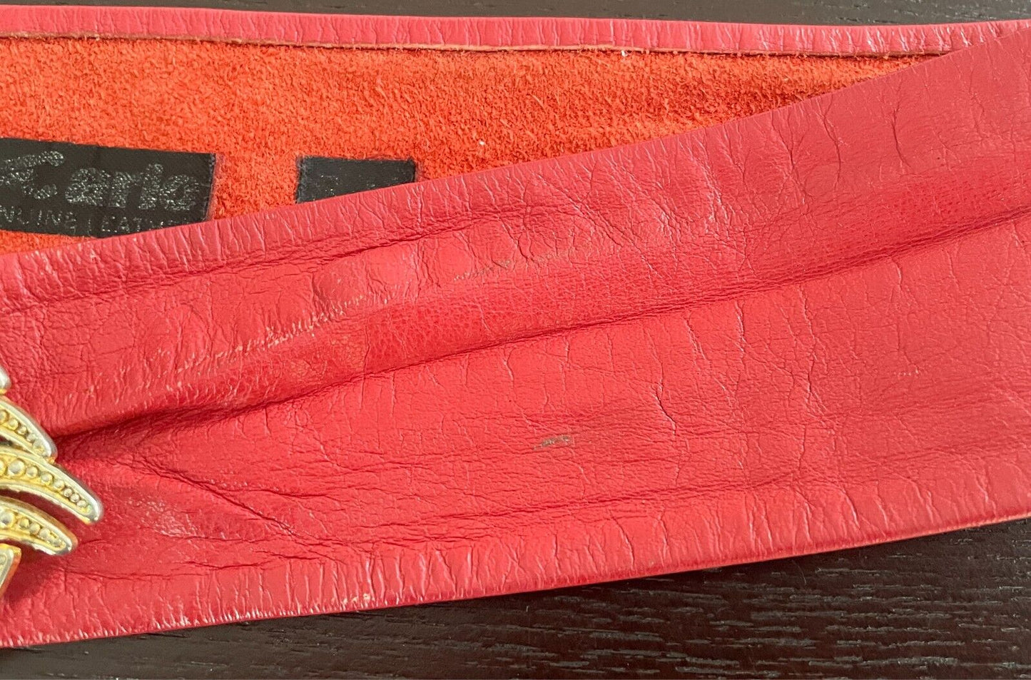 LEATHER Belt CARLO Red w Large Engraved Gold Tone Interlocking Buckle Size 8-10