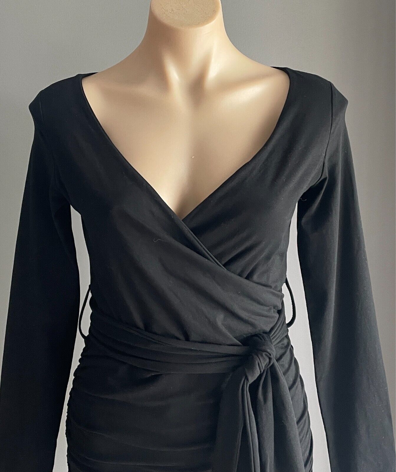WHITE SANDSTORM Black Dress Faux Wrap Ruched Size S 10 Waist Tie Long Sleeve