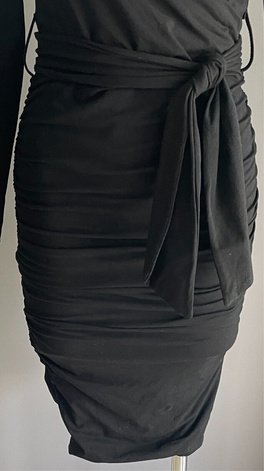 WHITE SANDSTORM Black Dress Faux Wrap Ruched Size S 10 Waist Tie Long Sleeve