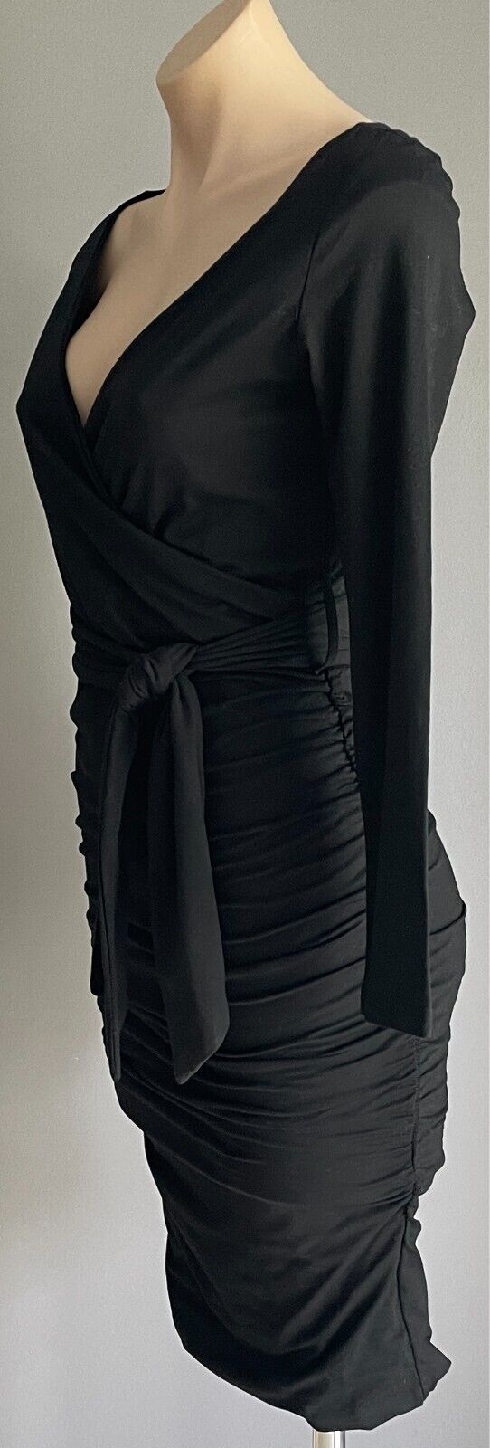 WHITE SANDSTORM Black Dress Faux Wrap Ruched Size S 10 Waist Tie Long Sleeve